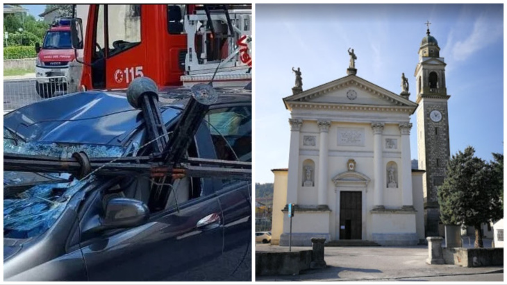 longare (vicenza), la croce del campanile precipita per il maltempo e distrugge l'auto del prete