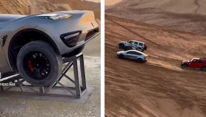 la tesla model y modificata che semina le jeep wrangler tra le dune di sabbia 