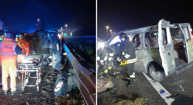 incidente in autostrada, minivan si ribalta: 5 feriti, un uomo di 30 anni è in fin di vita. «l'autista avrebbe avuto un colpo di sonno»
